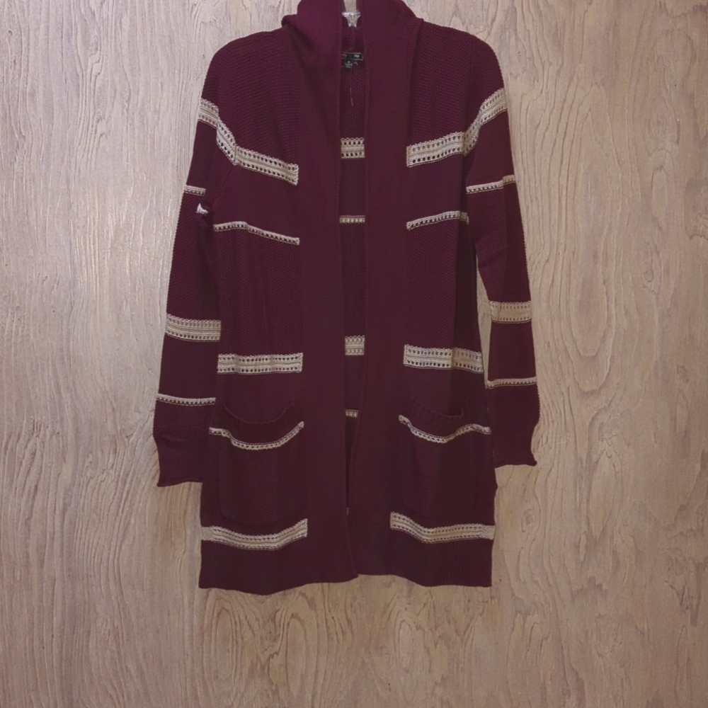 Lety & Me Burgundy & Cream Striped, Open Front Cardigan Sweater, Pockets, Hooded